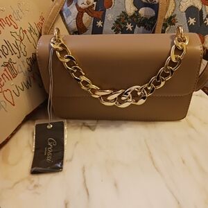 NWT Crossi Faux Leather Crossbody Bag, Gold Chain, Cross Strap